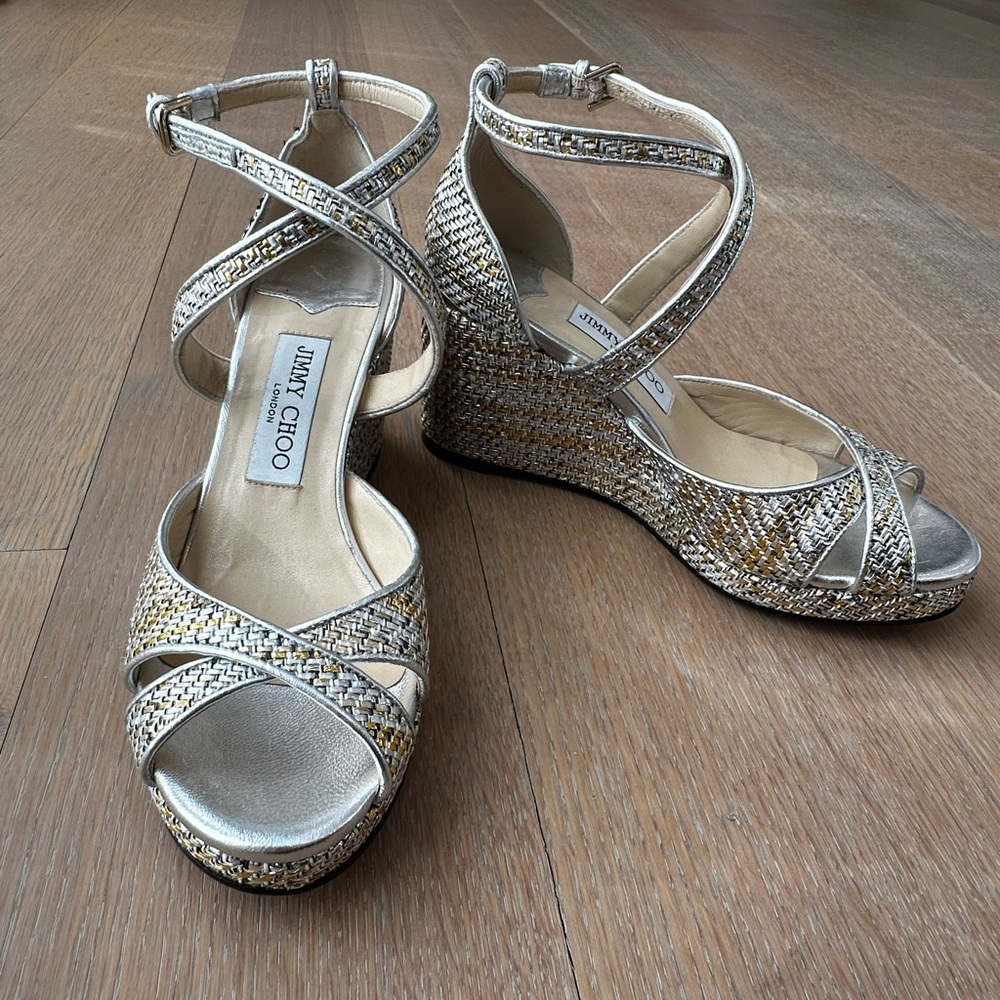 Jimmy Choo wedge sandals gold/silver. Worn only once